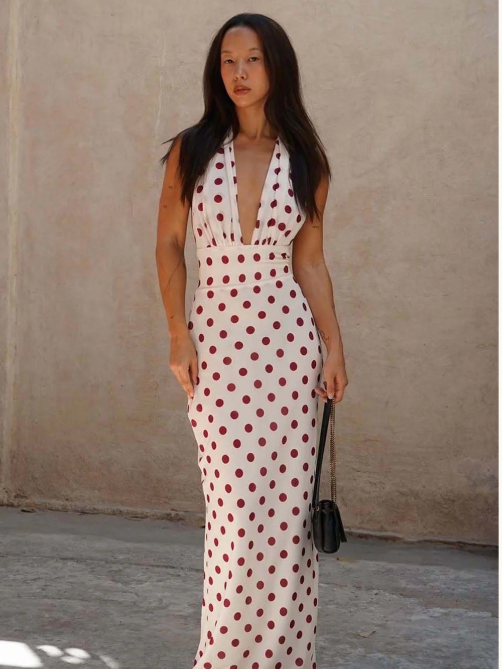 Meshki White and Red Maxi Dress with Polka Dots XS